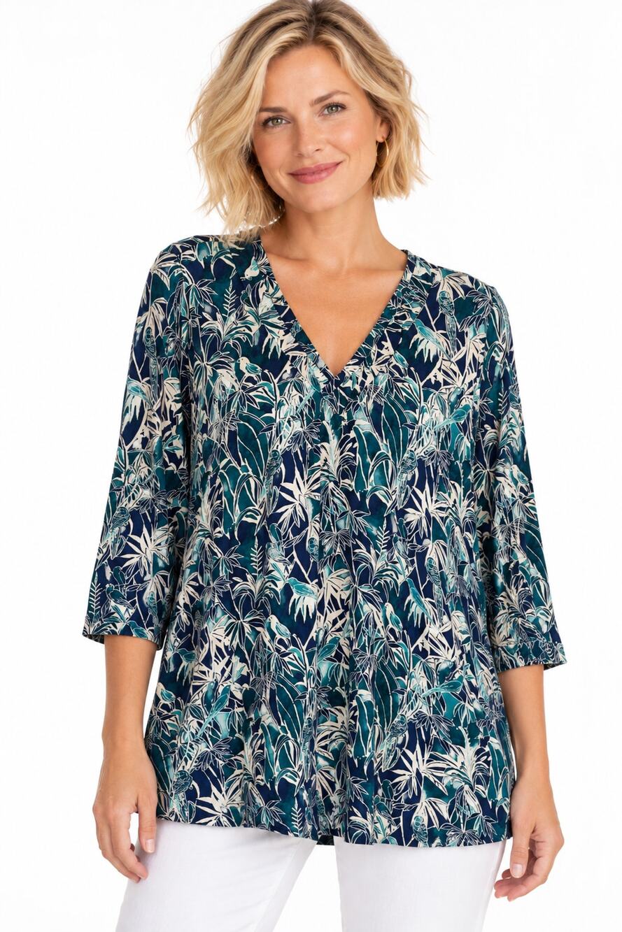 J. Jill Wearever Collection V-neck Tunic Womens Medium Exotic Birds Parrots Top